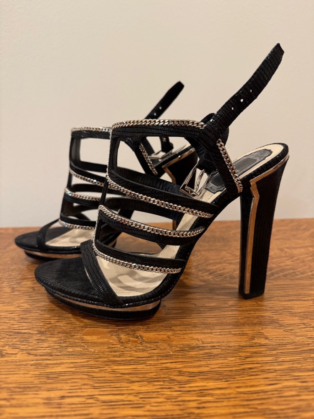 Dior Black Strappy High Heel Sandals with Silver Chain Trim